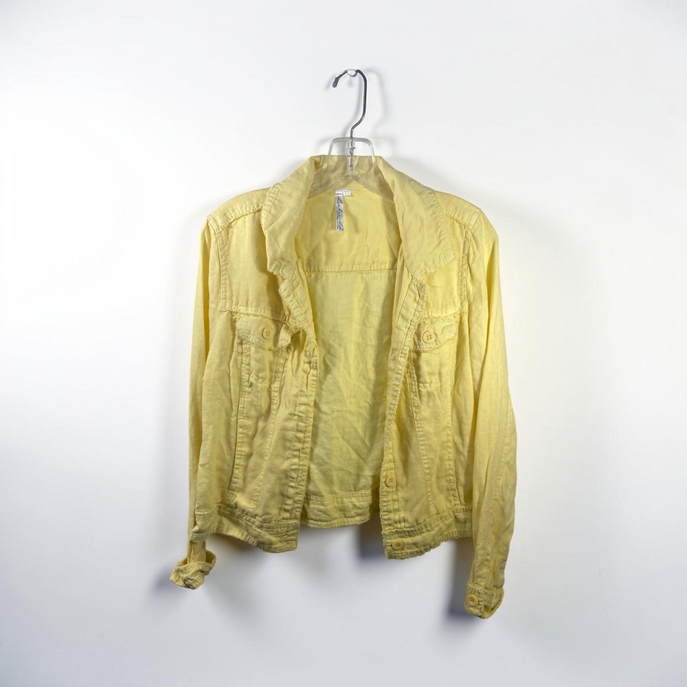 Lulu-B Yellow Frayed Hem Button Up Trucker Jacket Womens XS Linen Blend Casual